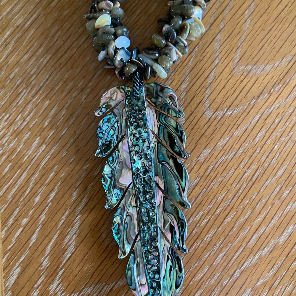 Handmade Shell Leaf Pendant Necklace — Natural Brown & Gray - Picture 8 of 12